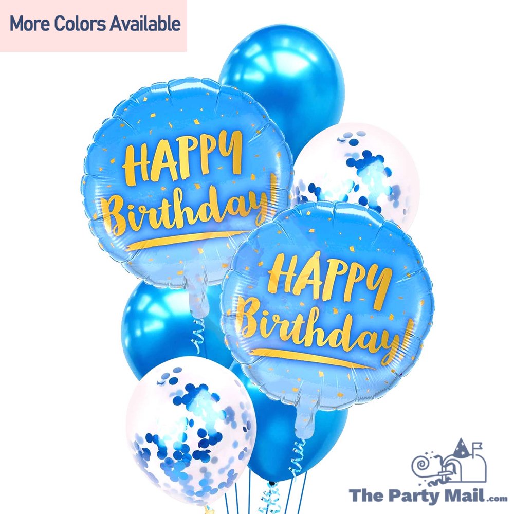 7Pcs Happy Birthday Foil Balloons, Confetti balloons and Chrome Balloons - Light Blue