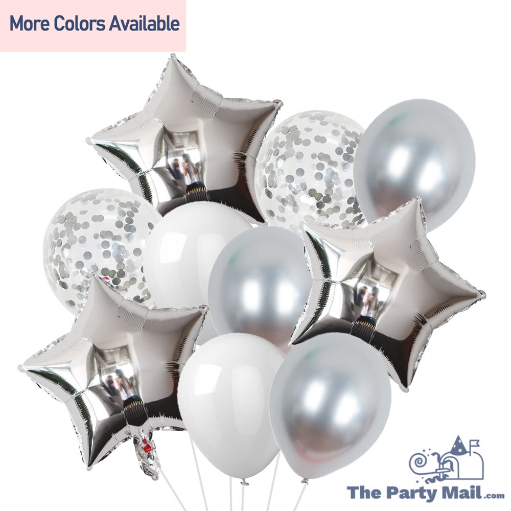 10Pcs Star Foil Balloons, Confetti Balloons and Chrome Balloons - Silver